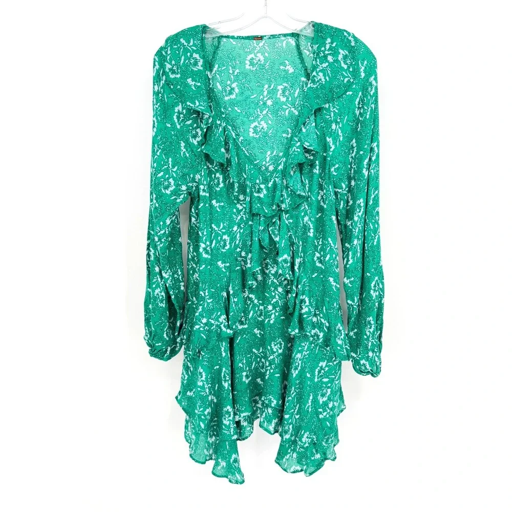 Free People Rebecca Mini Dress Womens S Green Floral Ruffle Boho Cottage Fairy